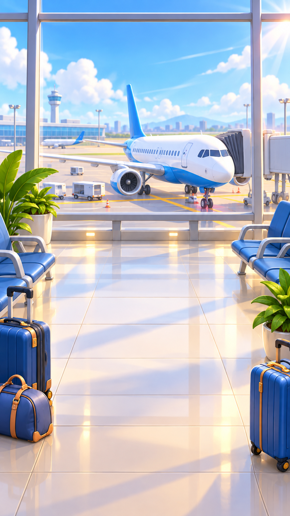 A sunny airport with an airplane ready for boarding